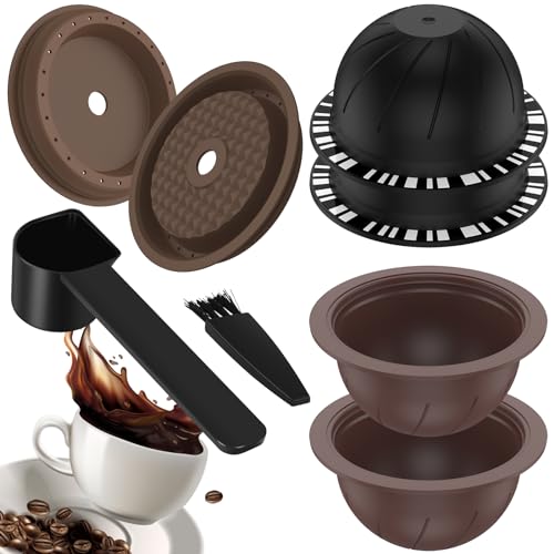 4Pcs Reusable Coffee Pods for Nespresso Vertuo with 2 Silicone Lids Spoon and Brush Refillable Coffee Capsule Lids Food Grade BPA Free Coffee Capsules Compatible for ENV135 ENV150 GCA1 Coffee Machine