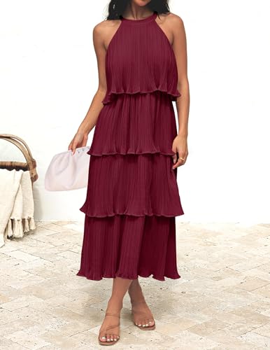 Image of ZESICA Women's 2026 Summer Sleeveless Halter Neck Ruffle Tiered Layered Chiffon Flowy Swing Long Midi Dress
