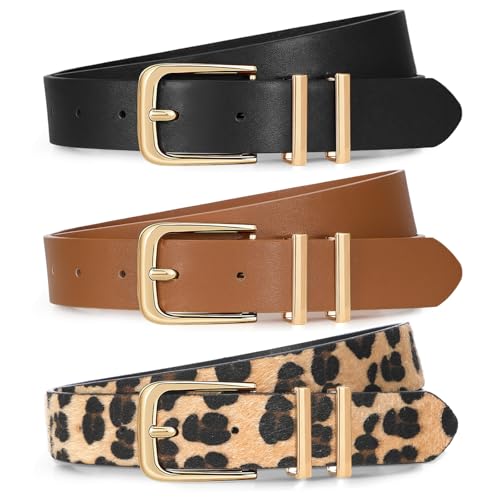 Image of XZQTIVE 3 Pack Women Belts For Jeans Dresses Pants Ladies Leather Waist Belt with Gold Buckle