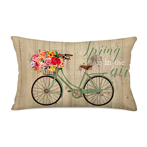 Flower Throw Lumbar Pillow Covers 12x20 Inch Vintage Bike With Spring Is In The Air Bloom Rustic Farmhouse Decorations Pillow Cases Rectangular Cotton Linen Cushion Cover