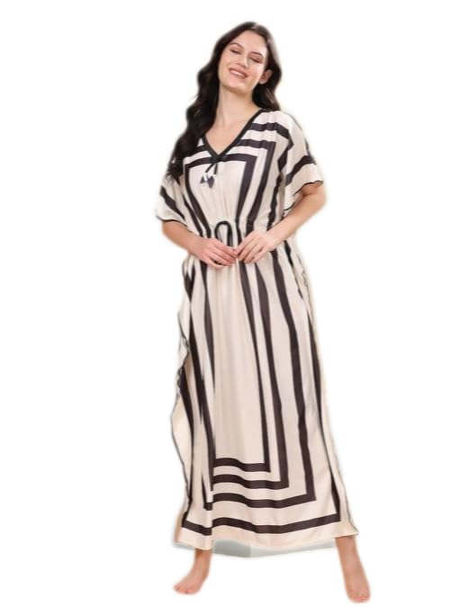 Women’s Off White Satin Kaftan Gown with Black Stripe Print & Drawstring Waist Kaftan Maxi Night Dress-image-15