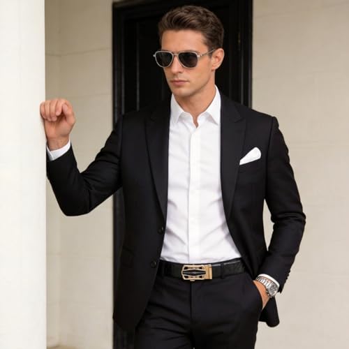 Image of Dubulle Designer Men's Belts, Ratchet Leather Sliding Buckle Dress Belt | 1 3 /8 inch(3.5cm) Genuine Leather Adjustable Strap, Automatic Ratcheting Buckles, Gift‑Boxed, Trim to Fit, for Business Casual