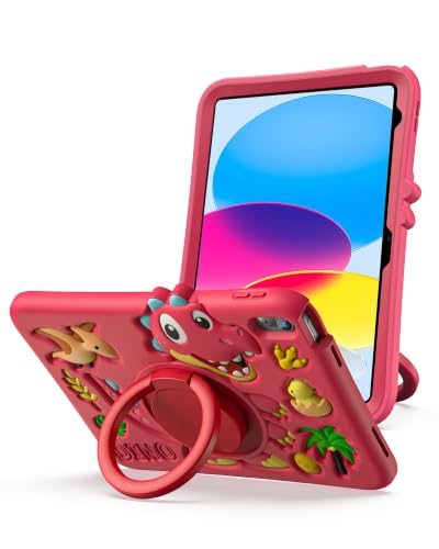 ProCase Dinosaur Kids iPad Case for A16/10th, Shockproof, 360° Stand, Red