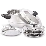 KSJONE Stainless Steel 5 pcs Multi Kadai (Induction Friendly) with Stainless Steel lid, 3 idli Plates (12 Idlis), 1 patra Plate, Silver