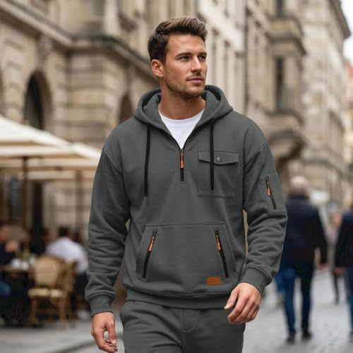 Work Hoodies for Men Quarter Zip Pullover Utility Pockets Hooded Sweatshirt - image 3