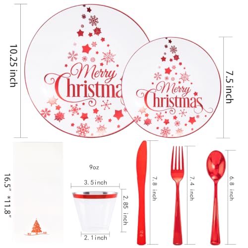 Morejoy 175PCS Christmas Plastic Dinnerware Set - White/Red Plates & Red Plastic Silverware Include 25 Plates, 25 Cups, 25 Forks, 25 Knives, 25 Spoons, 25 Napkins Perfect for Holidays – Image 2