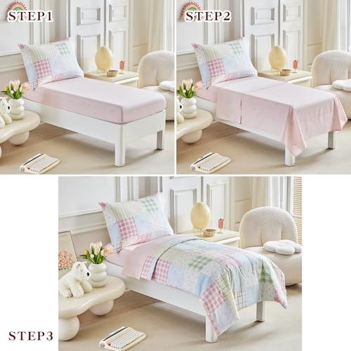 Image of Joyreap 4 Piece Cotton Toddler Bedding Set- Gingham Check Patchwork Design, Toddler Comforter Set for Girls, Includes Quilted Comforter, Fitted Sheet, Top Sheet, and Pillow Case