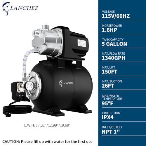 Image of Lanchez 1.6HP Shallow Well Garden Pump, Stainless Steel Irrigation Pump, 1340 GPH, Automatic Water Booster Jet Pump for Home, Garden, Lawn,Irrigation, 115V, Matte black
