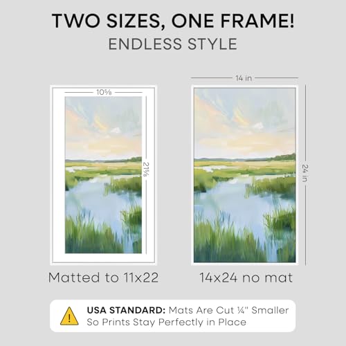 Image of Homeforia 14x24 Picture Frame White, High End Metal 14x24 Poster Frames with Mat 11x22 Photo, 14 x 24 White Frame Matted to 11 by 22 Print, 24by14 Thin Hanging Frames, Tempered Glass, Wall Kit, Set of 2
