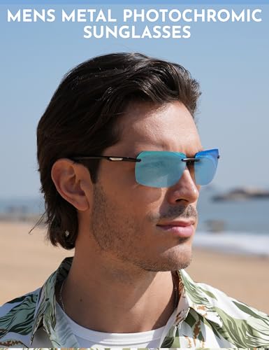 Image of BIRCEN Mens Metal Photochromic Sunglasses: UV Protection Al-Mg Sun Glasses Ultra-light Rimless Shades for Driving Cycling