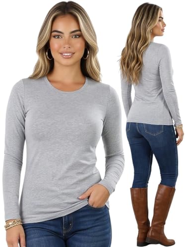 ToBeInStyle Junior Women's Slim Fit Long Sleeve Crew Neck Top - Light Heather Grey - Small