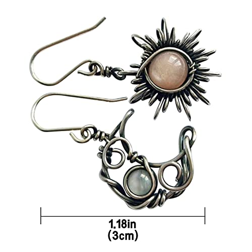 Boho Opal Sun And Moon Drop Dangle Earrings Moonstone Natural Stone Hook Bohemian For Women Girls Asymmetrical Antiqued Silver Celestial Jewelry-A #TOP1