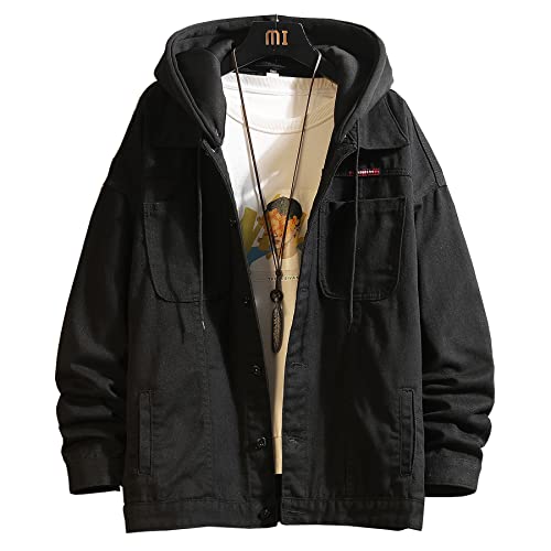 Image of Men's Denim Jacket Distressed Hooded Jean Jackets Baggy Ripped Trucker Coat