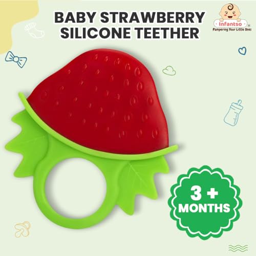 Image of Infantso Non-Toxic Food-Grade Soft Silicone Baby Teether, BPA-Free for Pain-Relief Easy Teething, Teether for 2+ Months Babies (Strawberry)