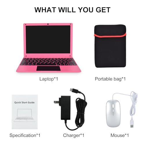Image of Mini Laptop Computer with Celeron N4000, 8GB RAM, 256GB SSD, HD IPS Screen, Portable Educational Notebook for Learning, Office Work (Pink)