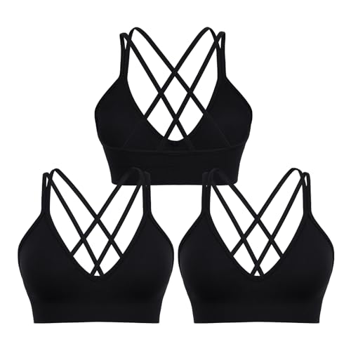 Image of V Neck Sports Bras for Women Cross Back Strappy Workout Bra for Small Bust | 3 Pack, Criss Cross, Low Support, Removable Pads, Spaghetti Strap, Soft, A-C Cups, for Yoga Gym Athletic Fitness