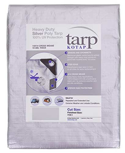 Kotap 16 x 16 Ft. Heavy-Duty Protection/Coverage Tarp, Superior Weave for Greater Longevity, 10-mil Multi-Use, Waterproof, TRS-1616, Silver (1-Pack)