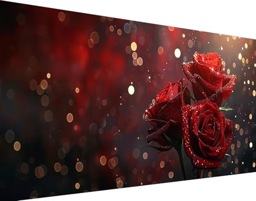 Diamond Painting Adulte pour Salon Chic Broderie Diamant Fleurs Rose Rouge 50x100cm