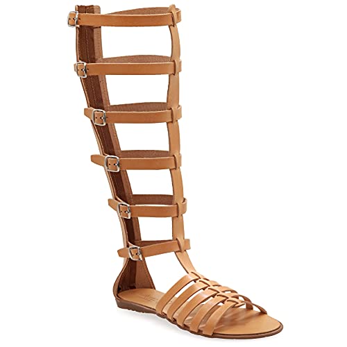 Emmanuela Sandalias Gladiador de Piel Hechas a Mano en Piel, Hasta la Rodilla con Cremallera en la Parte Superior, Zapatos Planos de Verano con Tirantes para Mujer, Beige, 39