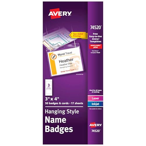 Image of Avery Customizable Name Badges, Cord Hanging Style, 3 inch x 4 inch, Laser /Inkjet Printable Name Tag Inserts, 50 Total (74520)