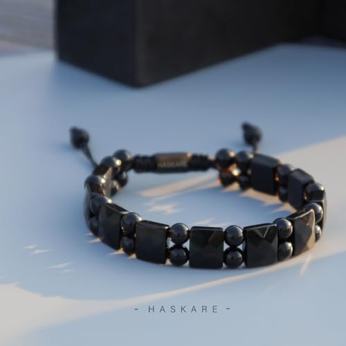 HASKARE Protection Healing Stone Bracelets for Men Unique Natural Crystal Black Obsidian Mens Bracelets, Masculine Energy Protection Men Beads Bracelet for Anxiety, Handmade Gifts for Husband Father4