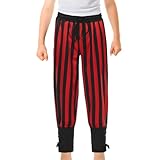 Boys Renaissance Pirate Ankle Pants, Kids Medieval Viking Costumes Halloween Cosplay Striped Trousers (Red-Black, M)