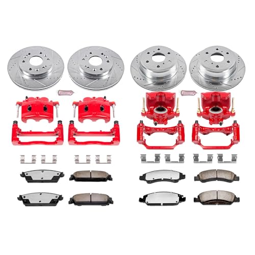 Image of PowerStop Front and Rear Brake & Caliper Kit for Cadillac Escalade 2008-14 |Escalade ESV 2008-14 - Drilled & Slotted Disc Rotors + Z36 Brake Pads + Red-Powder Coated Calipers, KC2070-36