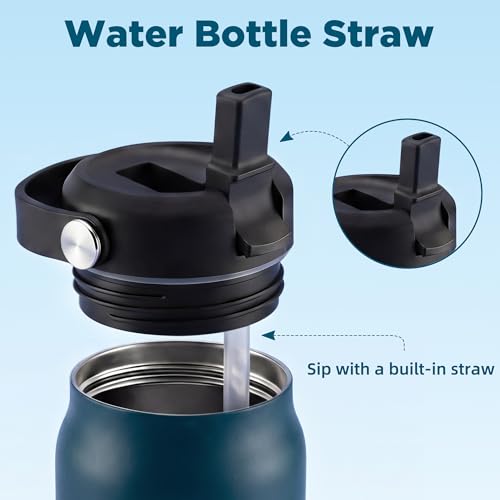 Image of 32 oz Insulated Water Bottle with Straw, Leakproof Stainless Steel Bottle with Handle, Non-Slip Silicone Sleeve, Internal Markings, Dishwasher Safe for Travel, Gym, Sports, Matte Navy