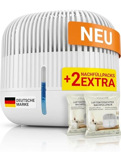 Vellure Design Luftentfeuchter ohne Strom + 2x 600g Nachfüllpacks - Raumentfeuchter für Bad Keller uvm. bis 25m + 2x Luftentfeuchter Granulat Fachhandel Qualität