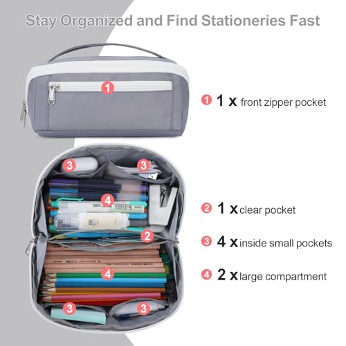 Image of Large Pencil Pouch - 8 Compartments, Wide Handle Organizer Bag | Wide Open Pen Bag, Flexible Dividers & Side Pockets, Handle, 900D Fabric, College Supplies for Teens, Black & Grey
