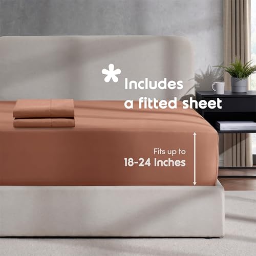 Image of Hearth & Harbor Rust Duvet Cover with Fitted Sheet Cal King Size | 4 Piece Soft Double Brushed Bedding Set, Button Closure, 1 Duvet Cover 104x98 Inches, 1 Fitted Sheet, 2 Pillow Shams