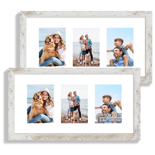 10x20 Picture Frame Set of 2, Distressed White Wood Frame with Real Glass Collage Frame, Display Pictures Three 5x7 With Mat or 10 x 20 Without Mat - Horizontal or Vertical Wall Mounting