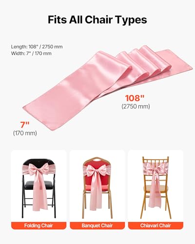 Image of VEVOR Satin Chair Sashes Bows, Chair Ribbon Ties Back Sash, 7 x 108 inch, Wedding Reception Decoration, for Wedding Ceremony Baby Shower Party Events Banquet Cover Decoration (Rose Gold, 100pcs)