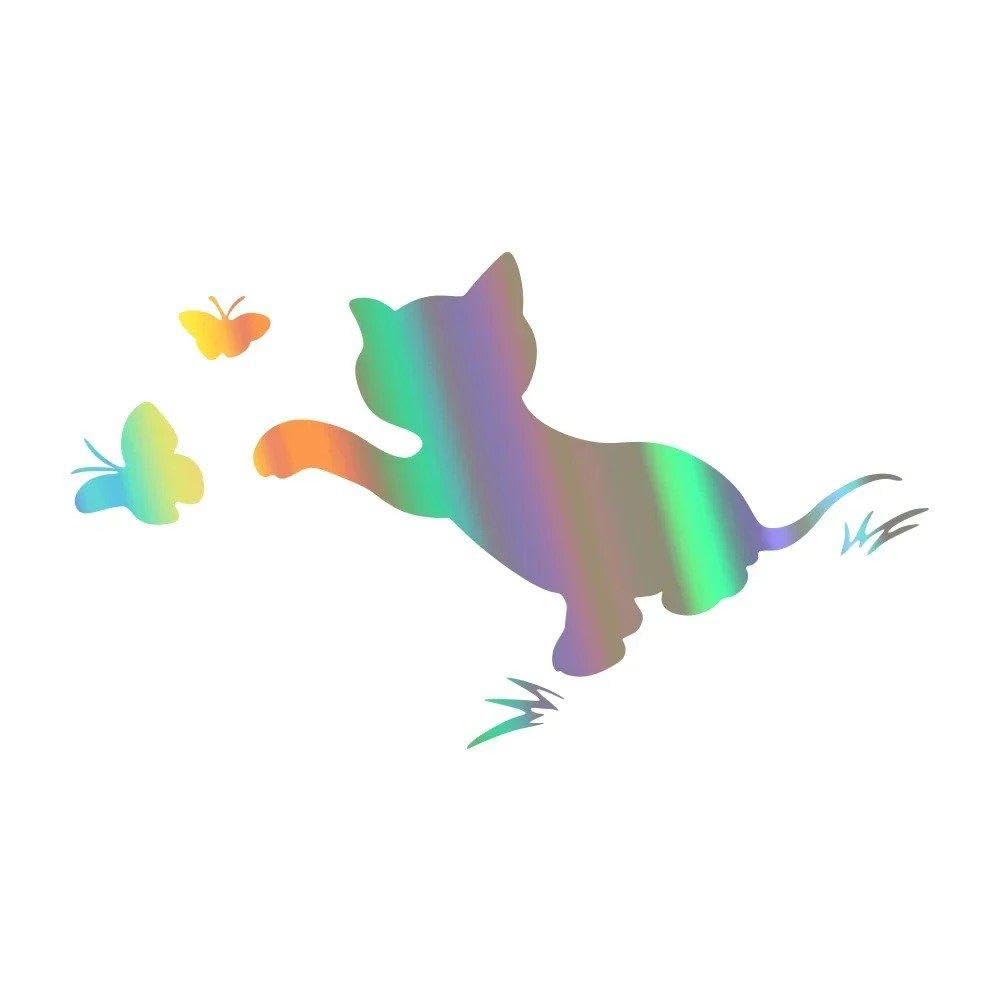 Dabhuoc Colorful Laser Car Stickers Animal Cat Body Graphic Cat Catch Butterfly Vinyl Decal(,13.5X10cm)