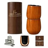 LUSHZLUMBERA Wooden Whiskey Glass Set of 2 - Charred Solid Oak Bourbon Tumbler, 10oz Handcrafted Drinking Cup with Stainless Ice Cubes & Tongs in Gift Tube, Bourbon Gifts for Men