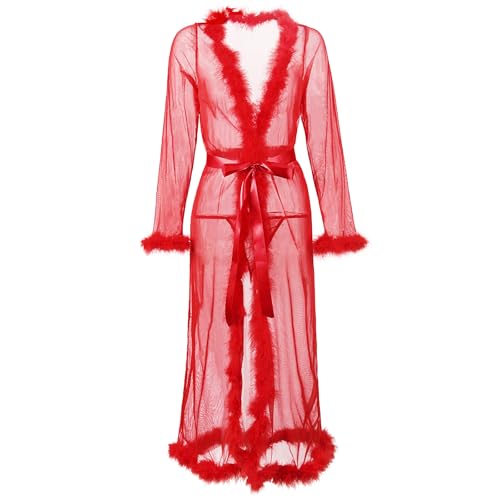MioCloth Sexy Tulle Fur Robe Long Sheer Mesh Illusion Robe Nightgown Bridal Lingeries Gift Women Faux Fur Trim Night Dress