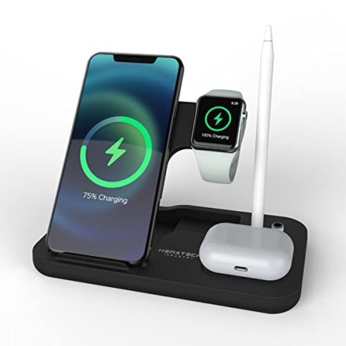 NemaTech Foldable & Portable Mobile 4-in-1 Wireless Charging Station, Fast Charging for Apple Watch, AirPods, Apple Pencil, iPhone 14/13/12/11/XR, Samsung Galaxy S Series(22/21/20/10/9)