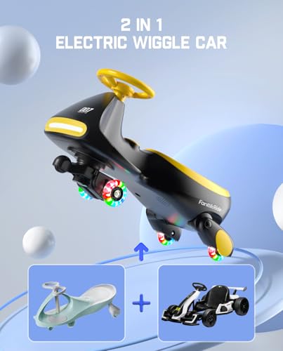 FanttikRide N7 Pro Electric Wiggle Car with Pedal, Rechargeable Battery, CyberWiggle, 2 in 1 Swing Car, 2 Speed, Anti-Rollover, Flashing Wheels, Bluetooth, for Ages 3 and Up, 150 Lbs, Yellow