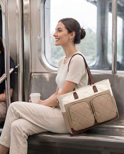 Image of LOVEVOOK Lunch Tote Bag for Women, 2-in-1 Work Bag with Insulated Lunch Compartment, 15.6 Inch Large Capacity Laptop Tote with Cup Holder for Teacher, Nurse, Office, Outdoors, Khaki