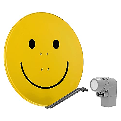 TechniSat SATMAN 850 Plus – Satellitenschüssel für 8 Teilnehmer (85 cm Sat Komplettanlage, Spiegel mit Masthalterung und UNYSAT Universal-Octo LNB im Wetterschutz-Gehäuse) gelb mit Smiley
