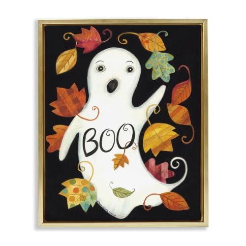 'Vintage Boo Ghost Patterned Leaves'| Floating Frame Canvas Art