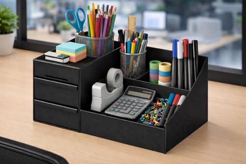 Image of ROKTRY Stationary Organizer with 2 Drawers & 9 Compartments | All-in-One Office Stationery Storage Box for Desk, School & Home | Space-Saving Metal Pen Stand & Desktop Accessories Caddy (Matte Black)