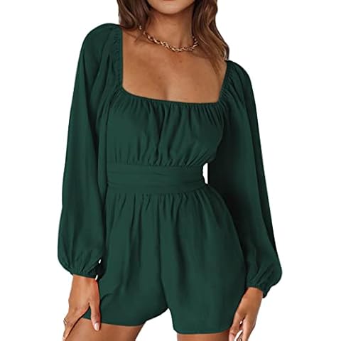 T1FE 1SFE Rompers for Women Summer - Tie-Back Square Neck Long Sleeve Romper Shorts Jumpsuit Playsuit Cover