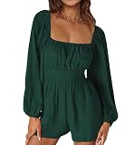 T1FE 1SFE Rompers for Women Summer - Tie-Back Square Neck Long Sleeve Romper Shorts Jumpsuit Playsui