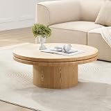 KEIKI 35' Round Sintered Stone Tabletop Coffee Table with Natural Wood Grain and Sturdy Pedestal, Modern MDF Coffee Table, Easy Assembly, for Apartment, Living Room, Bedroom, Reception Room, Natural