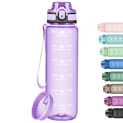 Image of 32oz Transparent Water Bottle with Time Marker, Clear Purple Motivational Drinking Bottle with Strap, BPA-Free Leak-Proof, Encouraging Water Bottle to Drink Water for Gym School Office Travel