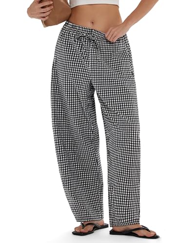 MOOSLOVER Women Linen Lightweight Barrel Gingham Pants Drawstring Comfort Casual Lounge Pants Baggy Loose Ankle Pants with Pocket (L Black Plaid)
