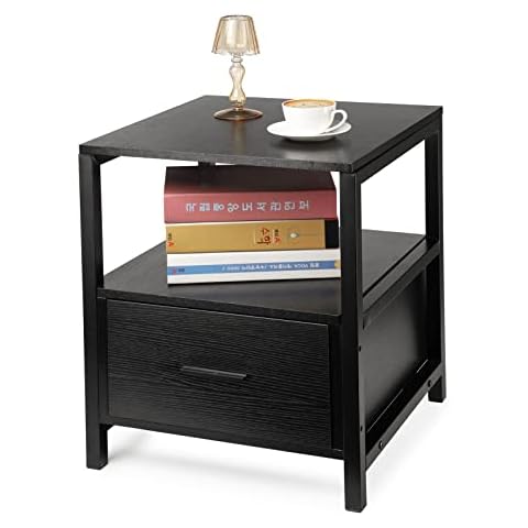 Oak & Tea Bedside Table White Storage bedside Cabinet with One Drawer Wooden Nightstand Side Table for Bedroom Living room Black 45 x 45 x 56 cm Cover