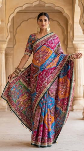 Image of Ajrakh Sarees for Women | Roman Silk Ajrakh Print Saree for Woman with Real Mirror Work Border & Designer Pallu with Blouse Piece Multicolor Ethnic Wear (Orange Color)