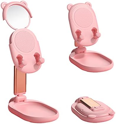 SOARCHICK Cute Bear Cell Phone Stand for Desk Portable Phone Holder with Makeup Beauty Mirror for Girls Foldable Adjustable Height Angle Compatible with iPhone, iPad, Tablet, Kindle, Switch Pink
